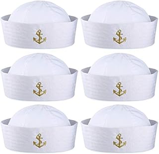 Boao 6 Pieces White Sailor Hat Captain Caps with Golden Embroidery Yacht Nautical Hats for Adult Sailor Costume, Dress Up Party Hat