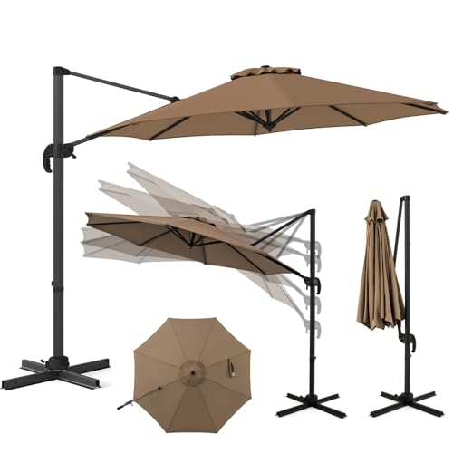 RELAX4LIFE Parasol Déporté 3x3M Rotatif à 360° avec 5 Angles d’Inclinaison Réglables, Parasol de Jardin Extérieur Inclinable avec 8 Baleines pour Jardin Plage Piscine (base croisée,Marron)