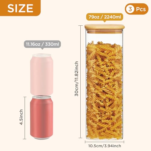 Spreccio Square Glass Food Storage Jars with Lids 2.47 Qt [Set of 3], Perfect for Pasta, Cookies, Nuts, Coffee, Cereal, Flour, Organize Your Kitchen and Pantry with BPA-Free Glass Jars with Canisters by Spreccio - Used condition - Image 2