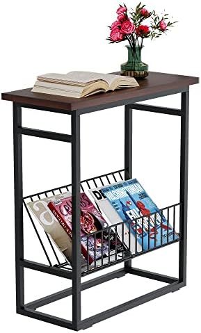 Unglehome End Table, Narrow Nightstand, Skinny Bedside Tables, Small Side Table for Small Spaces with Magazine Holder Rustic Slim Little Thin Table for Living Room, Bedroom, Sofa Red-Black
