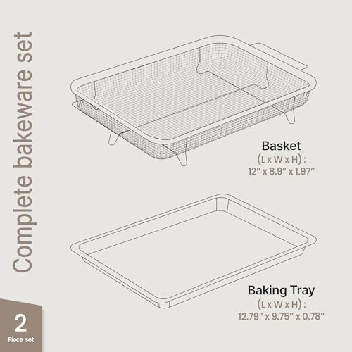 Bakken- Swiss Air Fryer Tray, 2 in 1 Nonstick Crisper Air Fry Basket w/Elevated Mesh Great for Oven, Dishwasher Safe – Ceramic Coating PTFE/PFOA/PFOS FREE Extra-large (9.5"x13", Gray) by Bakken- Swiss - Image 2
