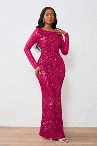 Image of VERWIN Women's Sequins Bodycon Round Neck Long Sleeve Sparkly Mermaid Maxi Dress for Casual Party Cocktail