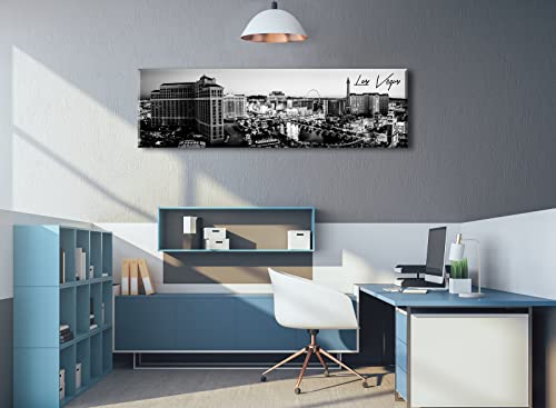 Image of Las Vegas Skyline Wall Art for Living Room American Cityscape Canvas Prints Black and White City Bellagio Fountain Skyscraper Night View Panoramic Pictures Modern Building Poster Framed 13.8 inchX47.3 inch