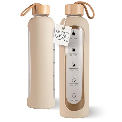 Moritz & Moritz Borraccia in vetro da 1000 ml, a prova di perdite, per sport, scuola, università o lavoro, con custodia protettiva in silicone – inclusa scala motivazionale – con coperchio in bambù