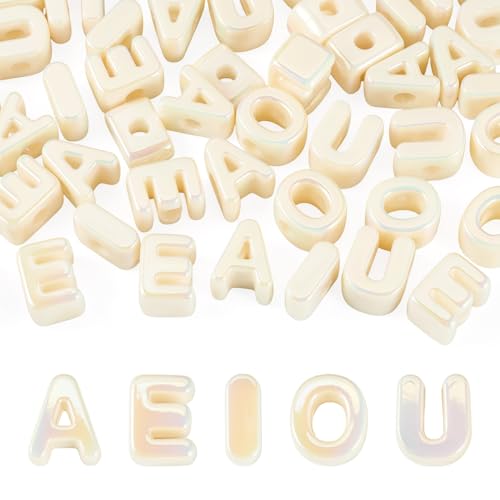 Elecrelive 50Pcs Lacing Letters Beads Iridescent Large Alphabet Beads Vowel A/E/I/O/U Letter Keychain Charms Beige for Jewelry Bracelets Necklaces Arts Crafts