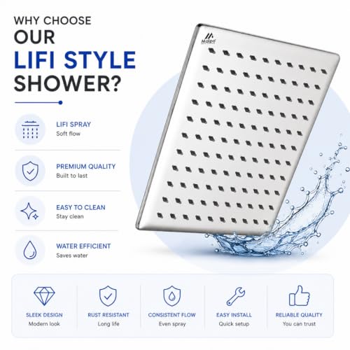 Image of Maipo Curve 4 Inch Square Rain Shower Head, Stainless Steel (SS) High Pressure Overhead Bathroom Shower Head, Chrome Finish, Anti-Clog Silicone Nozzles, Easy Installation
