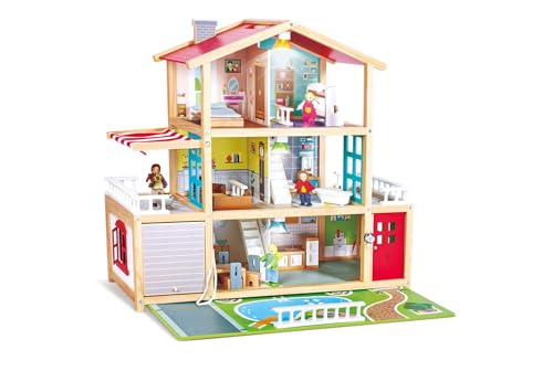 Hape Puppen-Villa Holz-Puppenhaus mit 10 Zimmern, kreatives Rollenspiel, inklusive Möbel und Zubehör, pädagogisches Spielzeug, für Kinder ab 3 Jahren