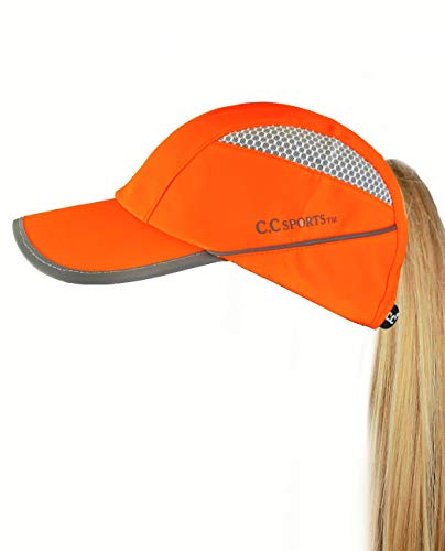 C.c Ponycap Messy High Bun Ponytail Water Resistant Adjustable Mesh Reflective Sporty Baseball Cap, Neon Orange #TOP2