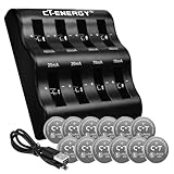 CT-ENERGY Rechargeable 2032 Batteries 12 Pack with Coin Battery Charger,3.6V Lir2032 Button Battery Charger with 8 Charging Bay