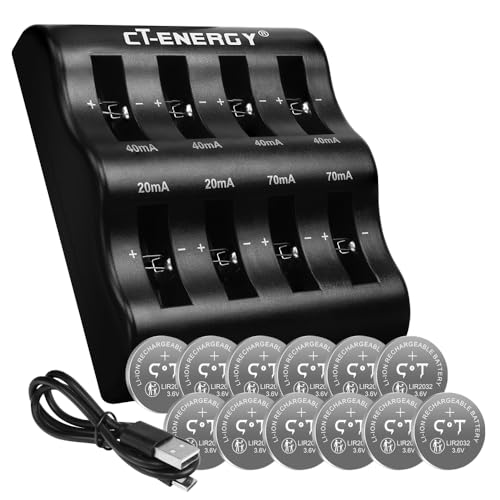 CT-ENERGY 2032 Battery Rechargeable 12 Pack with Lithium Button Battery Charger,3.6V Rechargeable CR2032 Batteries Charger with 8 Charging Slots