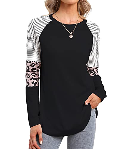 Heat Move Women Long Sleeve Leopard Color Block Tunic Tops For Leggings Stripe Round Neck Shirt(Xl, Black) #TOP1