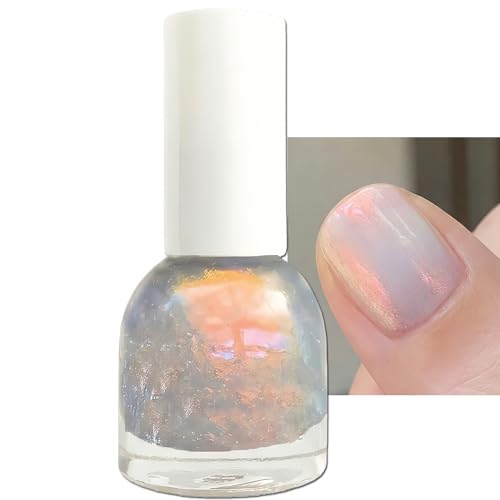 Aurora Clear Shimmer Nail Polish Quick Air Dry Transparent Glitter Top Coat Iridescent Pearl Mermaid Nail Polish for Women & Girls Water-Based No Lamp Nail Art Polish for DIY Manicure 10ML