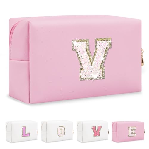 Small Personalized Initial A-Z Patch Makeup Bag,Pink Cute PU Leather Glitter Letter Cosmetic Bag for Teen Girls,Travel Toiletry Bag with Zipper,Preppy Monogrammed Birthday Gift for Daughter Niece V