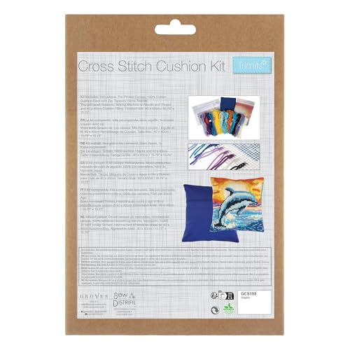 Trimits Kit Per Ricamo A Punto Croce, Cuscino Posteriore Incluso, Tela Prestampata, Filo E Ago Inclusi 40 X 40 Cm, Delfino - 3