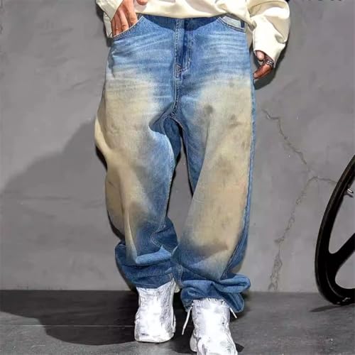 Men’S Vintage High Street Baggy Straight Denim Skateboard Pants Slim Fit Button Fly Distressed Full Length Casual Jeans3