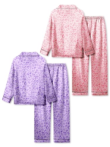 Satin Pajamas for Girls, 4-Piece Long Sleeve Silky Button Down PJ Set2