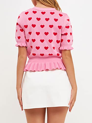 Heart Cardigan With Short Puff Sleeve Pink/Red #TOP2