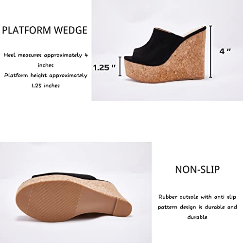 Laicigo Womens Wedge Platform Slide On Sandals Open Toe Cork Faux Suede Dress Summer Slippers Shoes (7 B(M) Us, Black) #TOP2
