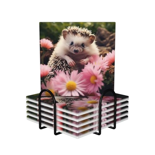Dessous de verre en céramique lot de 6 avec support absorbant motif hérisson mignon - 2