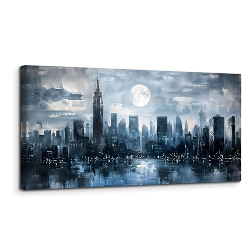 SERIMINO New York City Wall Art, Modern Urban Abstract Large Artwork, Moon Night Landscape Canvas Painting, Blue Impressionist Pictures Wall Decor Living Room Bedroom, Office Art Prints 20X40 Inch