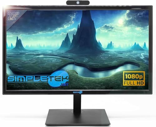 SIMPLETEK Moniteur 22 Full HD Webcam intégrée Haut-parleur intégré Panneau WLED | VESA 100 x 100 mm HDMI VGA Audio-in 3,5 mm | Bureau à domicile scolaire