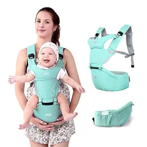 OBABY Carrier Hip Seat Baby Carrier with 5 Carry Positions, Baby Carrier with Hip seat for 0 to 36 Months Baby, Adjustable New-Born to Toddler Carrier (Green Hearts)