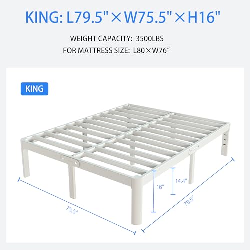 KZZLOL White King Size Bed Frame 16 Inch, Metal Bed Frame King Size No Box Spring Needed, DIY Headboard, Heavy Duty Steel Support 3500 LBS, Noiseless, Round Corner Leg, Storage Space, Easy Assembly by KZZLOL - Image 2