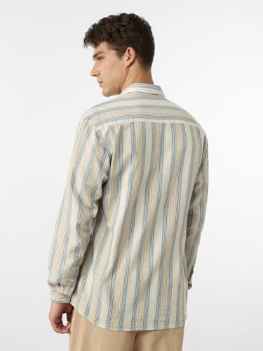 Image of The Souled Store Cotton Linen Stripes: Apricot Men and Boys Long Sleeves Collared Neck Orange Stripes Regular Fit Lightweight Comfortable Summer Cotton Linen Shirts