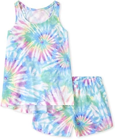 The Children's Place girls The Children's Place Sleeveless Tank Top and Shorts 2 Piece Pajama Set, Teal/Pink Tie Dye, XX-Large US