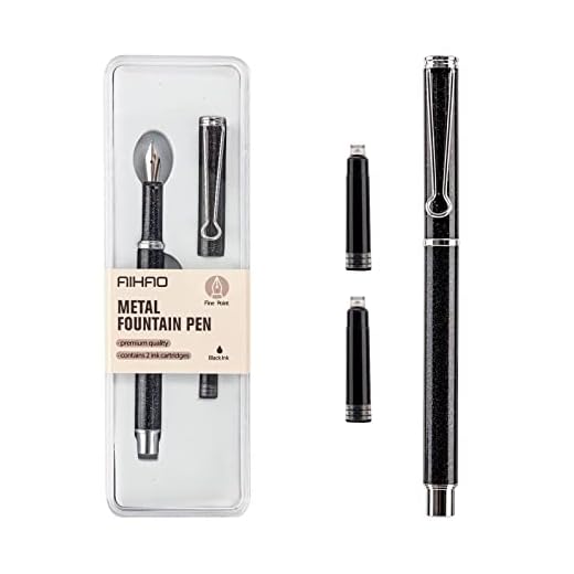 AIHAO Refillable Fountain Pen, Fine Point, Metal Fountain Pen with Gift Box, Black Ink, 2 Ink Cartridges in one Set, Pearl Black Metal Pen.Fountain Pens for Writing