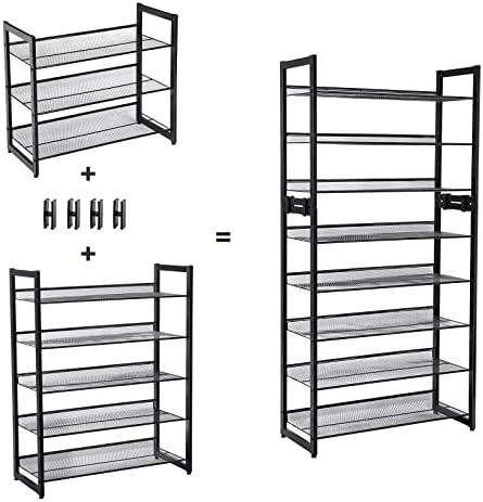 SONGMICS 5 Tier Metal Mesh Shoe Rack with Flat Angled Shelves, Large Stackable and Adjustable Boots Storage Organiser in Hallway Closet LMR005B, Black