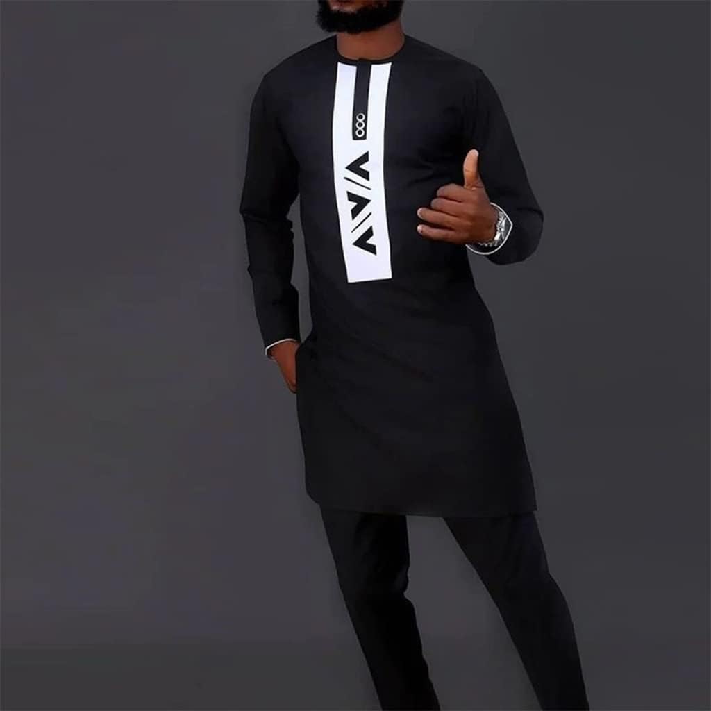Men's African Outfit 2 Piece Set Casual Tracksuit Long Sleeve Dashiki Tribal Clothing Shirt and Pants Traditional Suit (Color : Black, Size : 4X-Large)