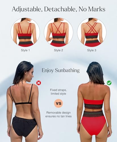 Popilush Women Bikini Set Twist Front Cutout High Waisted Tummy Control Two Piece Swimsuit Cross Back Removable Pads Color Red Size XL — view 2