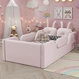 KALALLA Twin Size Montessori Floor Bed with Removable Side Rails and Rabbit Cushion, Upholstered Floor Platform Bed with Slats, No Box Spring Needed, Pink