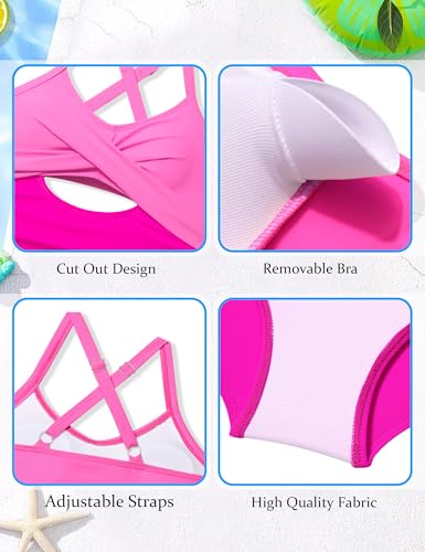 Image of Girl Swimsuit One Piece Cutout Ruched Bathing Suit for Girls Color Block Adjustable Straps Pad Swimwear 9-18y