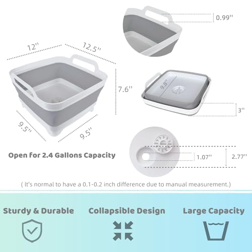 Image of GIMWA Collapsible Wash Basin with Drain Plug - 2.4 Gallon Foldable Kitchen Sink for Baby Bottles, RV Camping, Space-Saving Dish Tub (Gray-Pink)