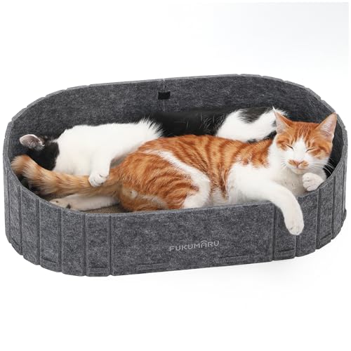 FUKUMARU Kratzbrett für Katzen, 61 cm Kratzpappe in Sofa-Form, Umkehrbares Katzenbett, Runde Kratzpads aus hochwertiger Filz und Karton, Dunkelgrau.