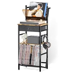 Record Player Storage Stand, Turntable Stand with Vinyl Record Storage for up to 200 Albums, 3-Tier Record Holder Display Shelf, End Table with Drawer for Living Room, Bedroom, Rustic Brown - Les Beatles, Paul McCartney, John Lennon, RIngo Starr, George Harrison