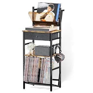 Record Player Storage Stand, Turntable Stand with Vinyl Record Storage for up to 200 Albums, 3-Tier Record Holder Display Shelf, End Table with Drawer for Living Room, Bedroom, Rustic Brown - Les Beatles, Paul McCartney, John Lennon, RIngo Starr, George Harrison