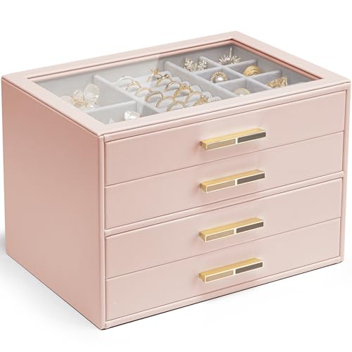 Vlando 4 Layer Jewelry Box for Women, Glass Lid Jewelry Organizer with 4 Drawers for Necklaces Rings Earrings Bracelets - Dark Pink G. Dark Pink 4-Layer