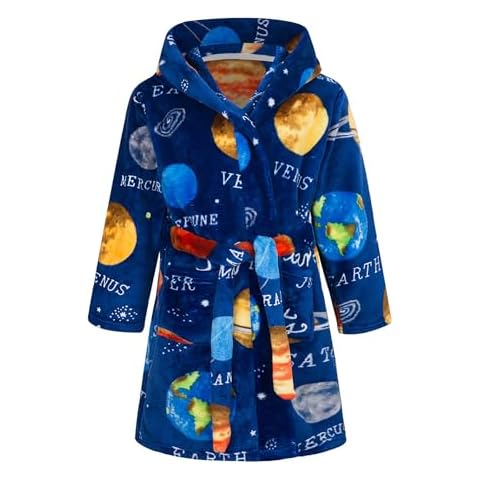 LANKMEI Boys Hooded Fleece Robe Cute Cartoon Pattern Bathrobe Comfy Plush Flannel Long Robes Toddler Winter Robe Sleepwear with Belt, Blue Planet, Tag 140 = 7-8 Years Cover