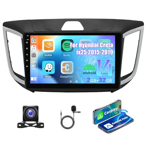 Android 14 Car Stereo for Hyundai Creta ix25 2015-2019, 10inch Touch Screen Radio Head Unit Replacement with Wireless CarPlay Android Auto GPS/FM/WiFi/SWC/AHD Backup Camera/Mirror Link/Mic/