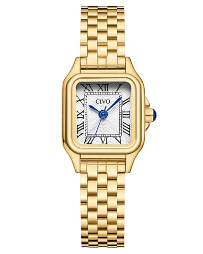 Imagen de CIVO Reloj Mujer Acero Inoxidable: Dorado Analógico de Cuarzo Cuadrado y Impermeable con Números Romanos Ideal para Mujeres Profesionales Oficina y Negocios