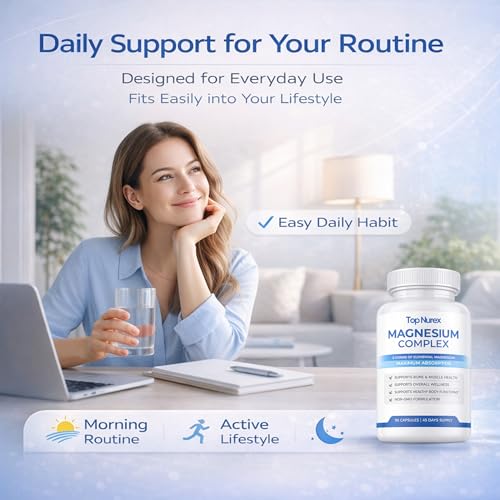 Image of Top Nurex Magnesium Complex for Women & Men,1000mg High Absorption Blend, 8 Magnesium Forms Including Glycinate, Citrate & Malate, Daily Nutrient Support, Vegan Non-GMO, 90 Capsules (1 Pack)