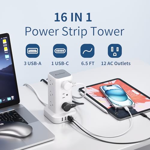 AnnTane Surge Protector Power Strip 6.5 FT Cord, Power Strip Tower with 4 USB Ports (1USB C), Extension Cord with 12 AC Multiple Outlets, Home Office Supplies Desk Accessories, Dorm Room Essentials by AnnTane - Image 2