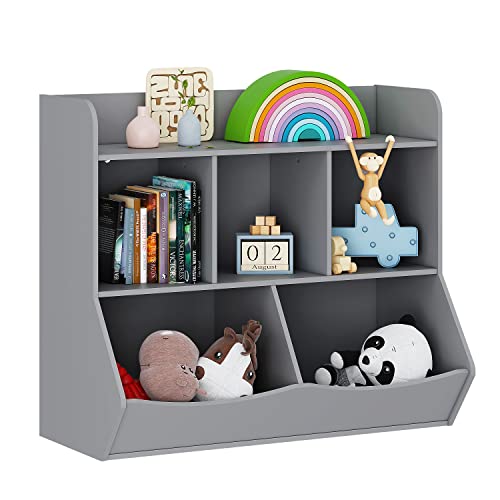 Image of A1 Craft Toy Storage Organizer with Bookshelf, 5-Cubby Children's Toy Shelf, Toy Storage Cabinet, Suitable for Children's Room, Playroom, Hallway, Kindergarten, School Color: Gray