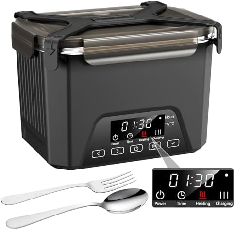 Cordless Electric Lunch Box, 1.2L Self Heating Lunch Box Battery Powered with Automatic Heating, BPA Free, Meal Prep Friendly (Black)