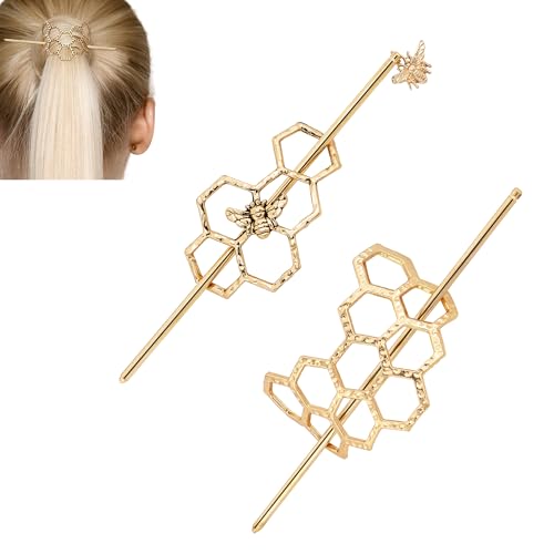 CAIRIAC Honeycomb Hair Clips Slide Hairpins Minimalist Bee Hair Barrette Bun Hair Pins Metal Hair Slide with Stick Creative Hair Accessories for Women Girls Gifts (Golden)