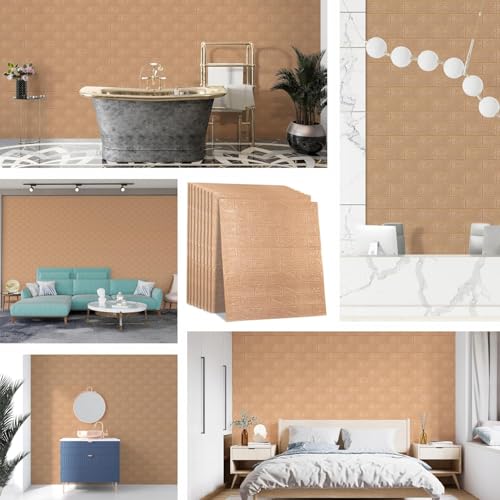 Image of TEKCOOL Self-Adhesive Waterproof PE Foam 3D Wall Panels Wallpaper Sticker for Bathroom, Living Room, and Home Decoration (70 x 77cm, Appx. 5.8Sq Feet)-5 Piece-Brown'