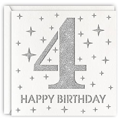 MAGJUCHE Silver 4th Birthday Card, Laser Cut Glitter Girl Boy Age 4 Gift For Daughter, Son